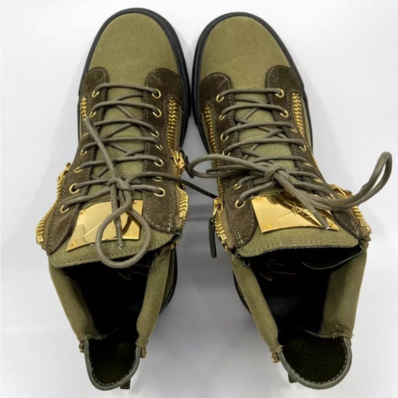 Giuseppe Zanotti Khaki and Gold High-Top Sneakers canvas